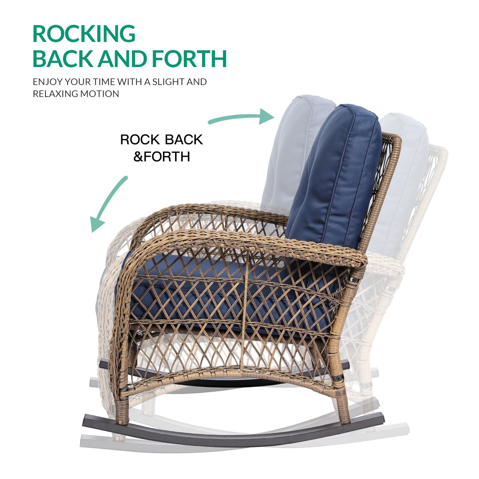 VIVIJASON 5-Piece Outdoor Patio Wicker Conversation Sets, All Weather Outdoor Rattan Furniture Set Includes Glider Loveseat, 2 Coffee Table, 2 Rocking Chairs with Cushions for Backyard, Navy Blue