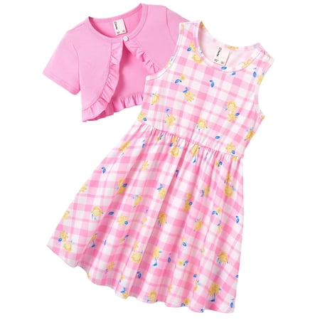 PatPat Toddler Girl Clothes Girls Dresses Summer Sleeveless Plaid Floral Dress and Short Sleeve Ruffled Cardigan 2 Piece Outfit Sets Dark Pink 3 Years