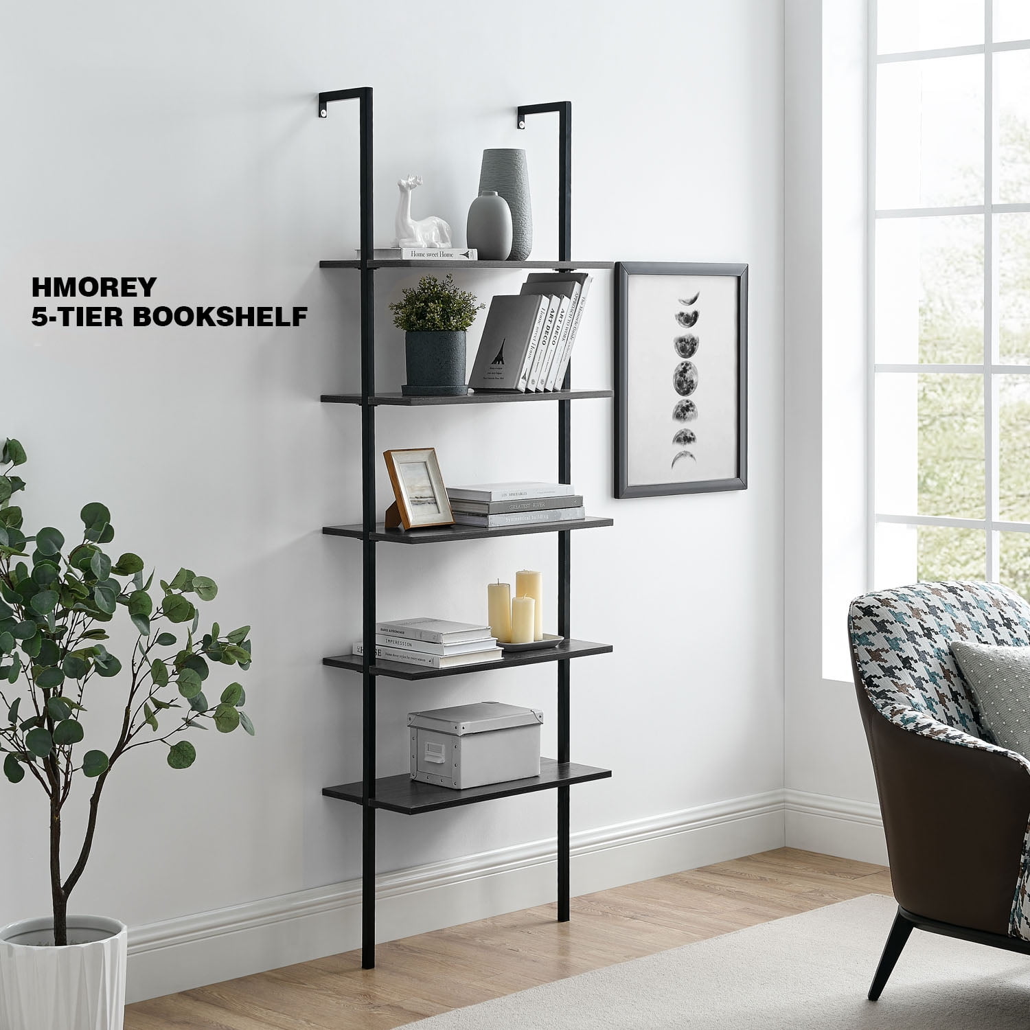 SWAREY 5Tiers P2 MDF Bookcase Ladder Shelf Black