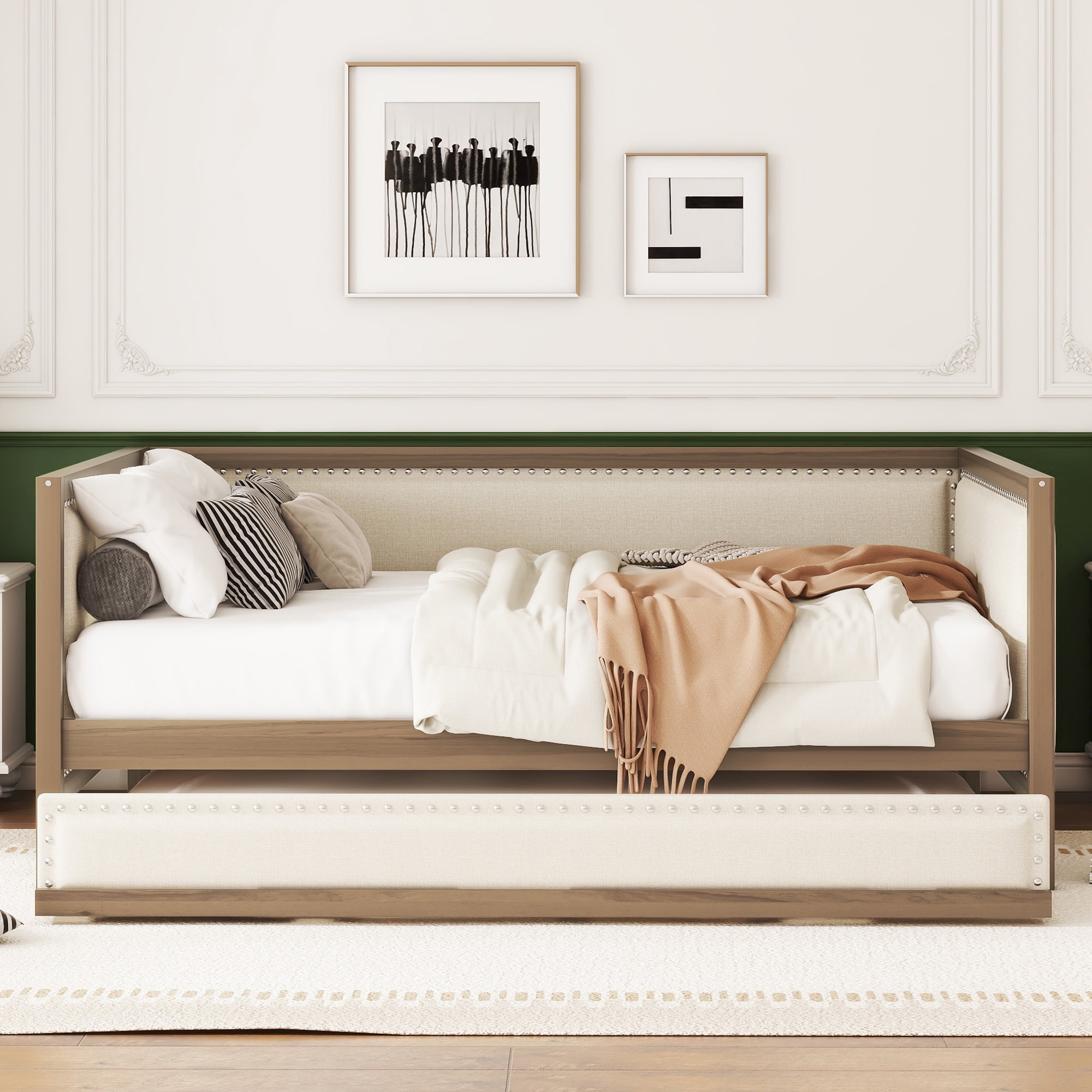 Euroco Upholstered Daybed with Trundle Bed, Full Size Nailhead Sofa Bed, Wood