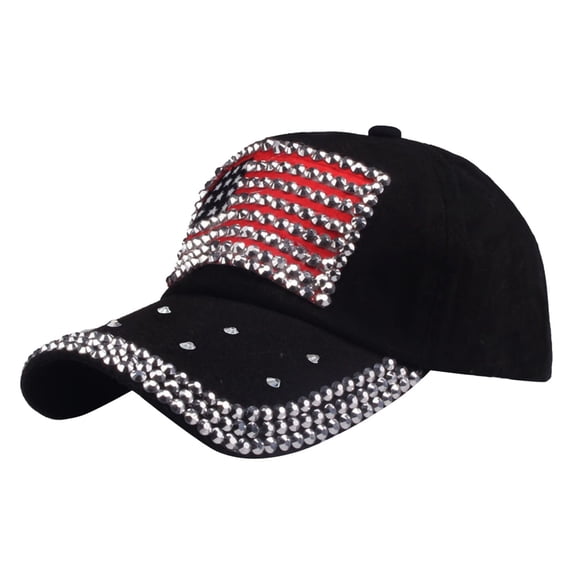 NMMUED American Flag Hats Adjustable Rhinestone Baseball Cap Usa Patriotic Embroidered Baseball Trucker Hat Red White and Blue Accessories Black One Size