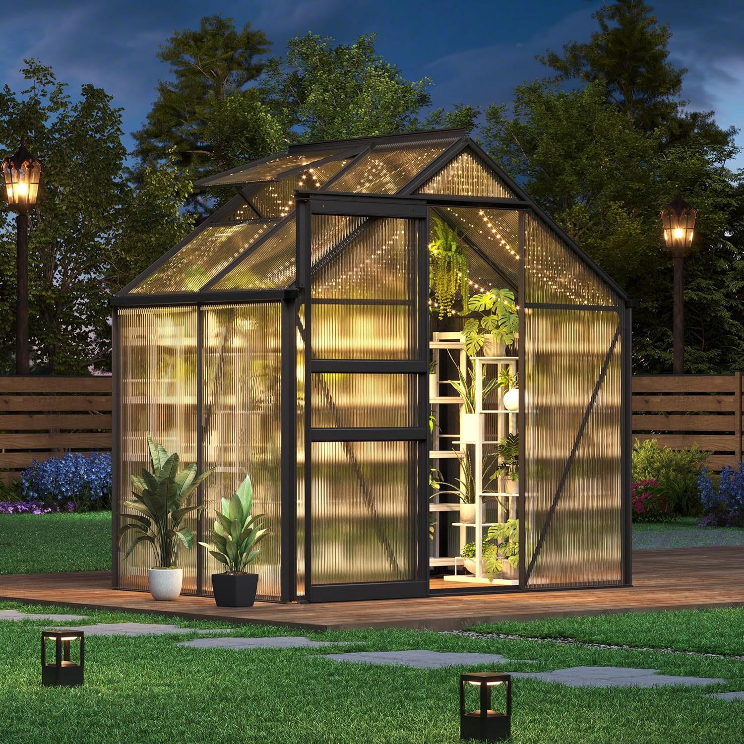 QinaQin 6 x 4 FT Outdoor Greenhouse,Polycarbonate Greenhouses with Aluminum Frame,Sliding Door,Adjustable Roof Vent for Backyard,Green Houses for Outside Garden,Black