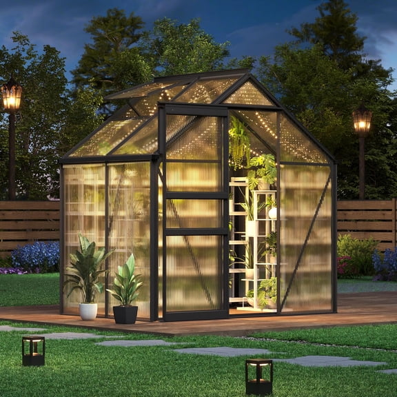 Historyli 6x4 FT Outdoor Greenhouse, Polycarbonate Greenhouses with Aluminum Frame & Sliding Door, Black