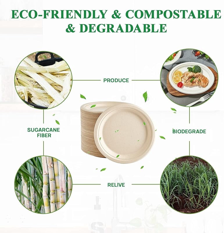150 Pack Paper Plates 9 inch 100% Compostable, Heavy-Duty Disposable Paper Plates Bagasse Natural Biodegradable Eco-Friendly Sugarcane