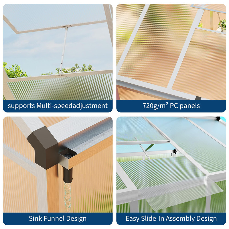 6×6FT Greenhouse, Walk in Greenhouses for Outdoors and Seasons Garden Planting, GreenHouses with Quick Setup Structure and Roof Vent, Polycarbonate Greenhouse with Enhanced Aluminum Frame, Silver