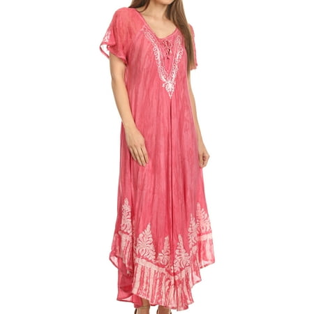 Sakkas Ronny Lace Embroidered Cap Sleeve Tie Dye Wash Caftan Dress / Cover Up - Blush - One Size