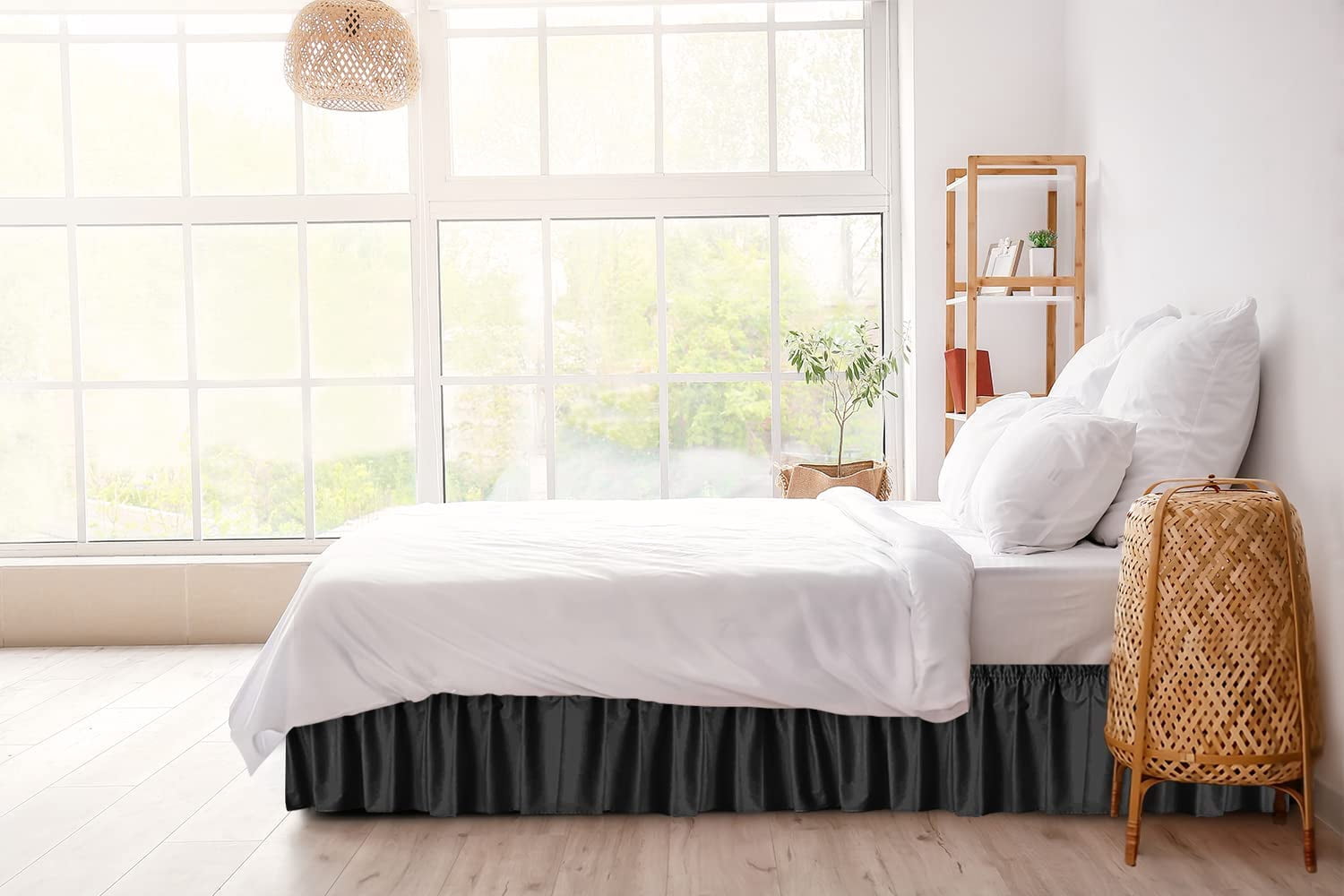 CGK Linens Wrap Around Dust Ruffle Bed Skirt - For King Size Bed With 15 Inch Drop, Easy Fit Elastic Strap - Pleated Bedskirt, Black