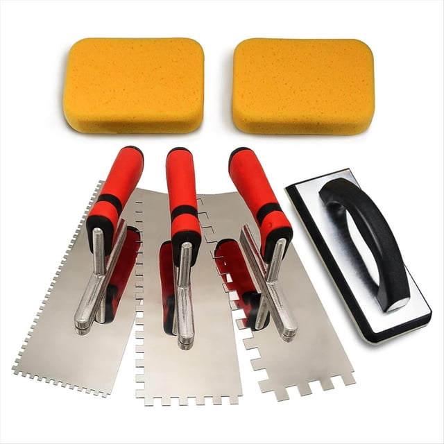 6pcs Tile Tools,Stainless Steel Square Notched Trowel Set,Grout Float and Grout Sponge for Tiling Installation Grouting,3 x Stainless steel square notched trowel 1 x Rubber float 2 x Grout sponges