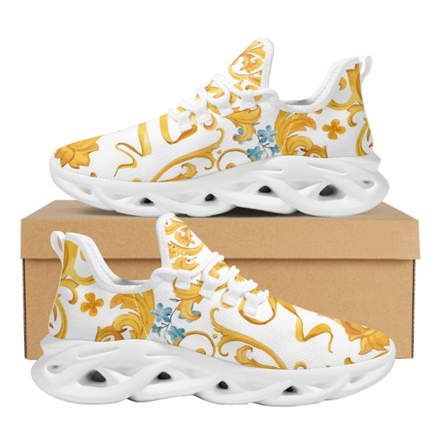 Zapatillas de plataforma barrocas doradas para mujer, zapatos de punto de malla transpirable, calzado para caminar con cordones y estampado floral