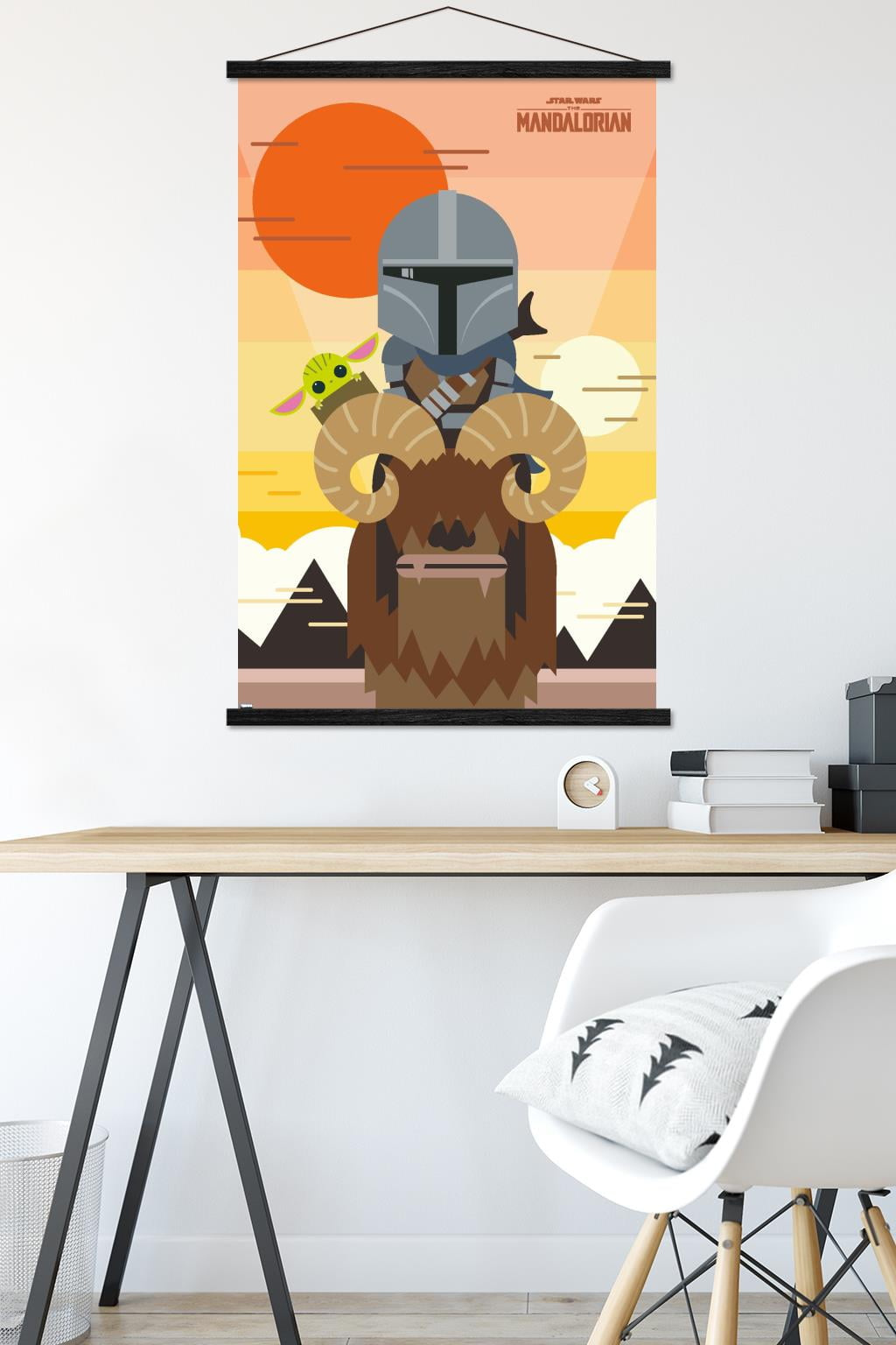 Star Wars: The Mandalorian - Geo Pop Sunset Wall Poster with Wooden Magnetic Frame, 22.375" x 34"