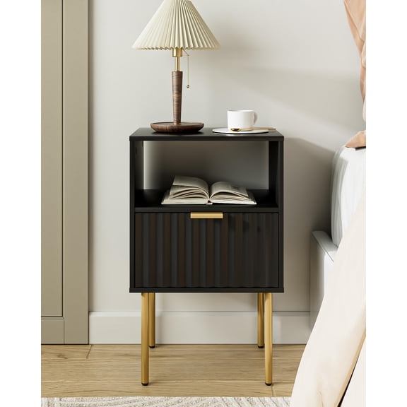 Modern Nightstand with Drawer and Shelf, Large Side End Table for Bedroom and Living Room