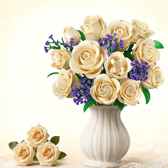 White Rose Flower Bouquet Building Set, Botanical Collection, 523 Pieces, 12 Flowers