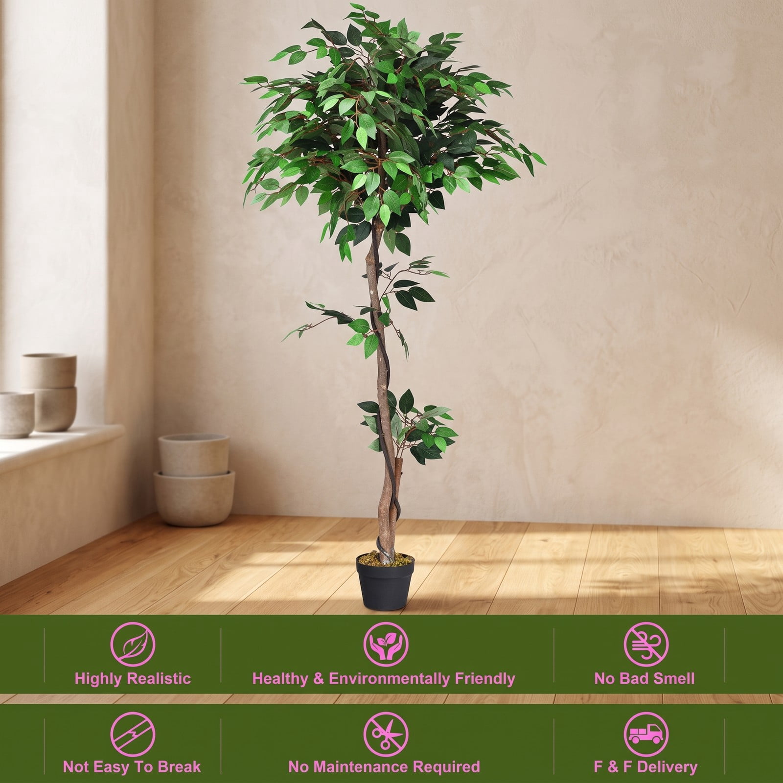 ALPULON 5.5 FT Artificial Ficus Silk Tree with Real Wood Trunks and Plastic Pot, Faux Potted Floor Plant for Home Office Living Room Corner Decor, Green
