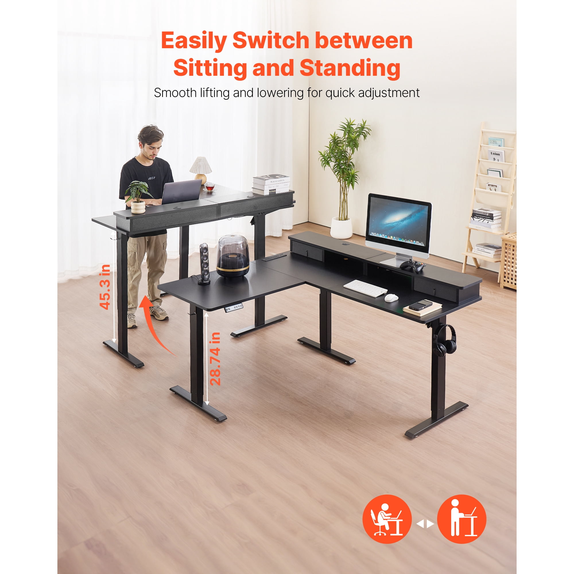 KFFKFF L-Shaped Electric Height Adjustable Desk, Corner Gaming Desk with CPU Stand, Dual Hooks, Fabric Drawers, and Light Strip, Computer Table for Home Office, Easy Assembly, Black