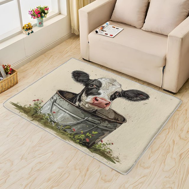 Cartoon Cow Carpet,4x5 Area Rug, Non Slip Low Pile Soft Machine Washable, Cute Cow Area Rugs, Funny Aniaml Cow Rugs for Bedroom Living Room Rug 17&-85