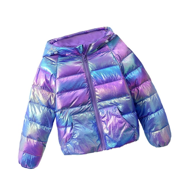EDFBUYKRS Girls Metallic Shine Hooded Jacket Packable Warmth Padded Winter Coat