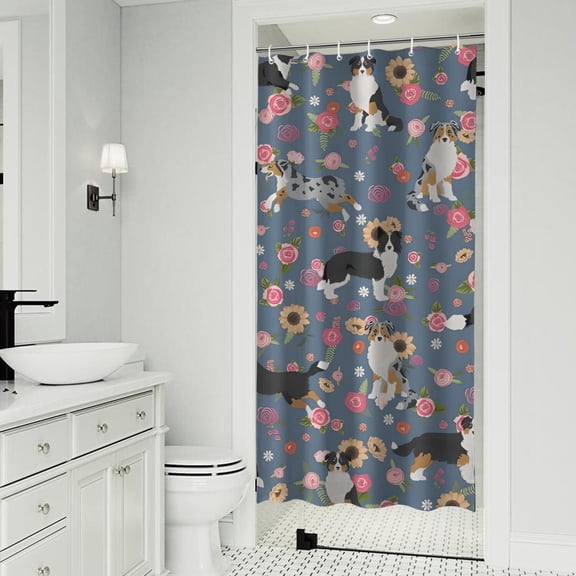 Border Collie Dog and Flower Florals Shower Curtain 36"x72" ,Bathroom Decorative Shower Curtains Set with 12 Hooks,Modern Waterproof Washable Shower Curtain