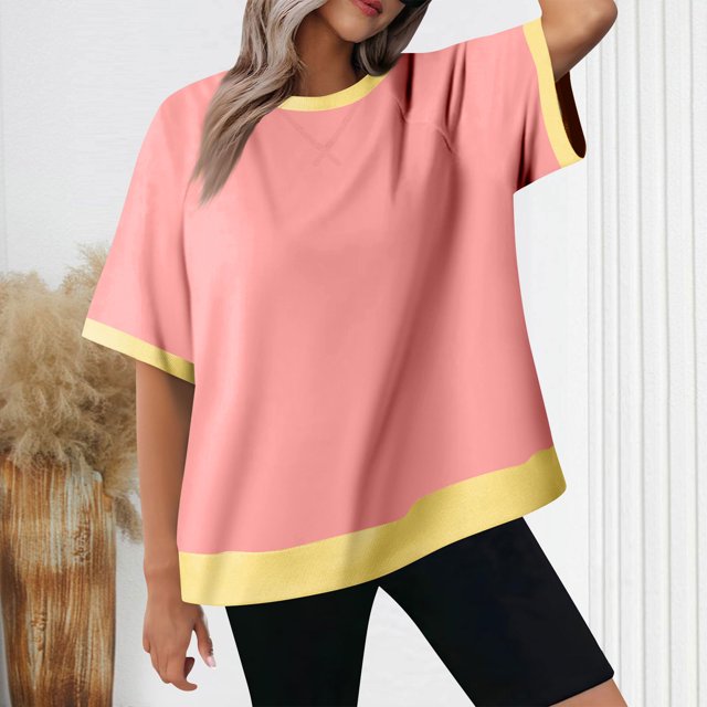Meichang T-Shirts à Blocs de Couleur Surdimensionnés pour Femmes Tendance Raglan à Manches Courtes T-Shirt Col Ras du Cou Chandails Patchwork Décontractés Amples Y2K T-Shirt d'Été Hauts