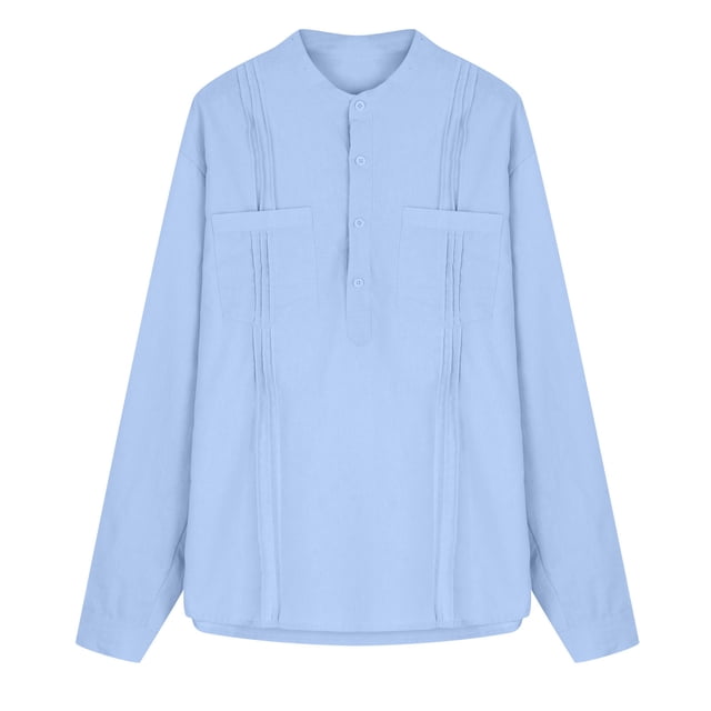 Hombres Casual Algodón sólido y lino Cuello alto Jersey Bolsillo Manga larga Camisa abotonada Pompotops oipoqjl52974