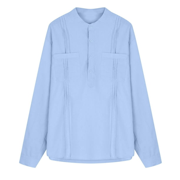 Camisa de hombre de manga larga con cuello levantado, blusa informal de algodón sólido y lino con cuello levantado, jersey con bolsillo, camisa abotonada Odeerbi ODB-2