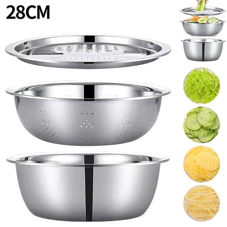 Agiufgs 3-Piece Stainless Steel Kitchen Set with 9.4 to 11.8 inch Bowls Multi-Function Grater for Shredding and Slicing All-in-One Prep Solution for Washing Draining and Cooking