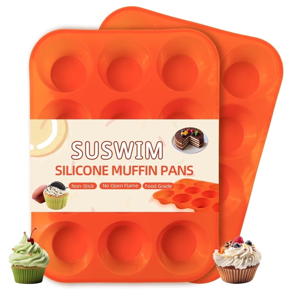 SUSWIM 2 Pack Silicone Muffin Pan & Cupcake Pans for Baking - 12 Cup Regular Size Egg Bites Molds (0range)