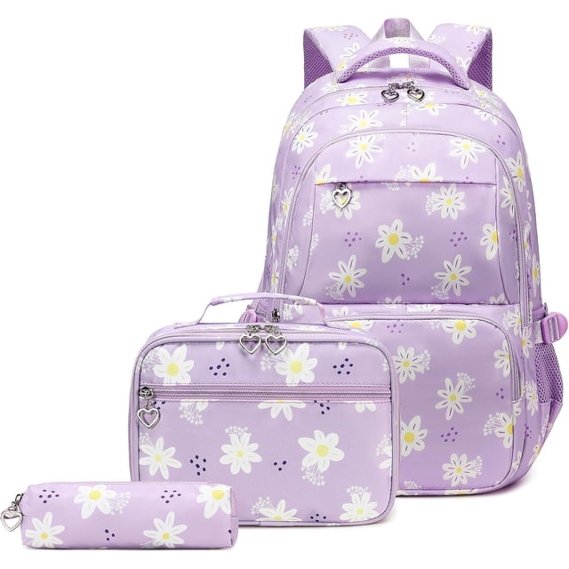 3 Piece Daisy Print Backpack Insulated Lunch Box Pencil Pouch Set Waterproof Oxford Travel Daypack