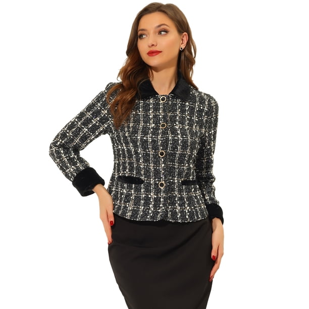 INSPIRE CHIC Chaqueta Blazer De Tweed Con Cuello De Vevelt Elegante Para Mujer Negro M