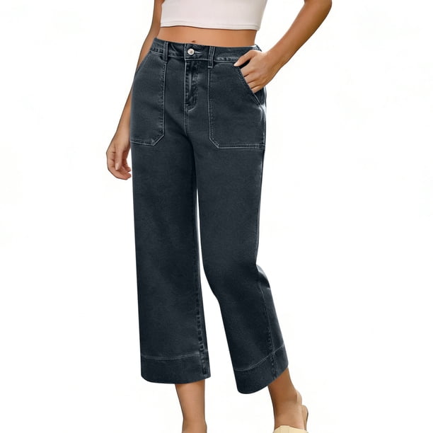 TaTaai Women Solid Color Casual Denim Capri Pants Straight Leg With Pockets Loose Fit Lightweight Breathable Machine Washable Non See-through Daily Office Wear Gift