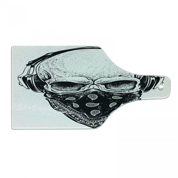 Grunge Cutting Board, Gothic Skull with Bandanna and Headphones Musical Dead Man Illustration, Decorative Tempered Glass Cutting and Serving Board, Wine Bottle Shape, Pale Grey Black, by Ambesonne