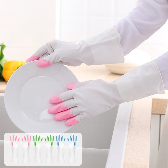 Guantes de limpieza de goma reutilizables | Guantes impermeables antideslizantes para lavar platos para uso en cocina y hogar | Guante utilitario duradero y resistente al aceite | 1 par | 31x15cm |