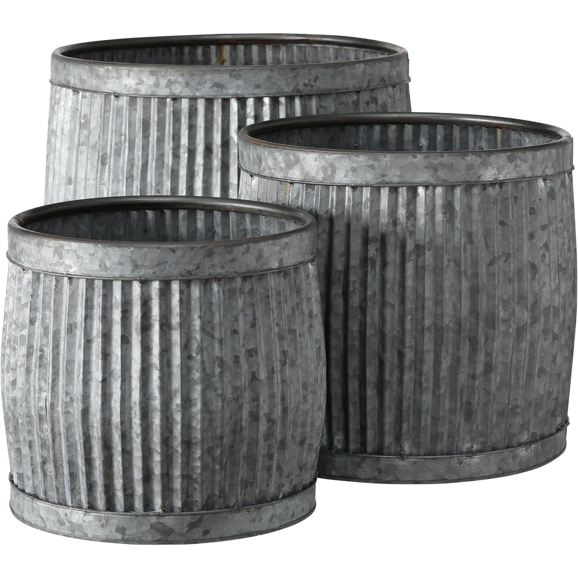 French Country Style Belly Bucket Planters Set of 3 Galvanized Metal Corrugated Cache Pots Rustic Wash Basin From Over 1 Ft Diameter (17 - 12 Inches)