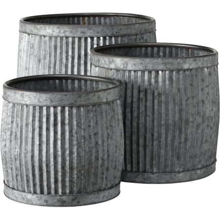 French Country Style Belly Bucket Planters Set of 3 Galvanized Metal Corrugated Cache Pots Rustic Wash Basin From Over 1 Ft Diameter (17 - 12 Inches)