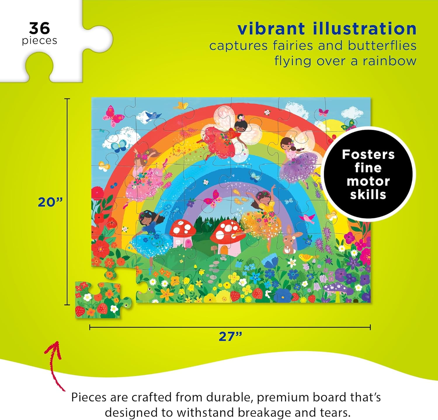 Crocodile Creek 36-Piece Jigsaw Floor Puzzle - Fun Floor Puzzles for Kids Ages 3-5 - Heavy-Duty Shaped Box for Storage - Over The Rainbow - 27" W x 20" H Finished
