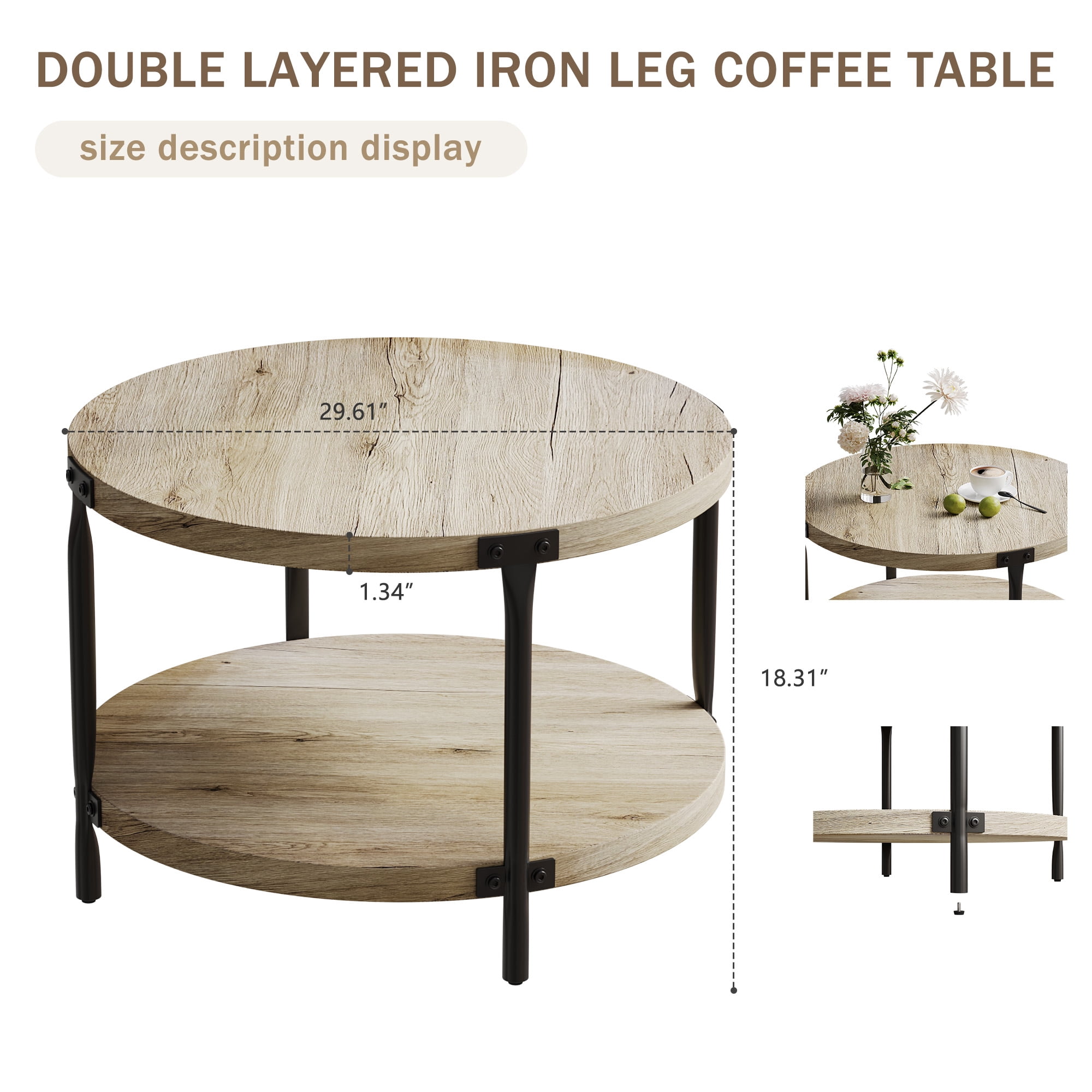 Modern Minimalist Round Coffee Table 29.61" MDF Double Layer Open Storage Easy Assembly for Living Room Study Room