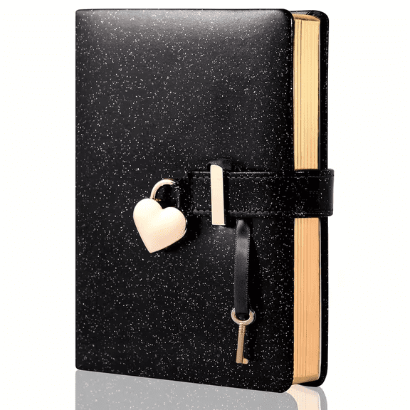 A5 Heart Lock Journal with Key, Sparkle Black Lined Diary, 100GSM 200 Pages