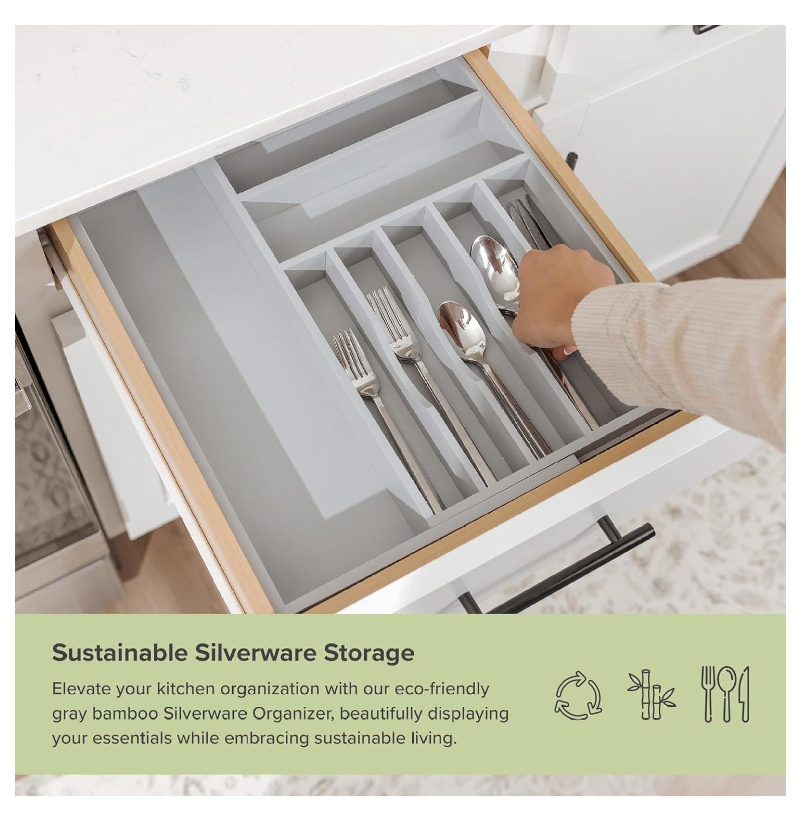 Premium Silverware, Flatware and Utensil Organizer for Kitchen Drawers, Food-Safe Contract Grade, Expandable from 10.5 to 19 In, Gray Bamboo