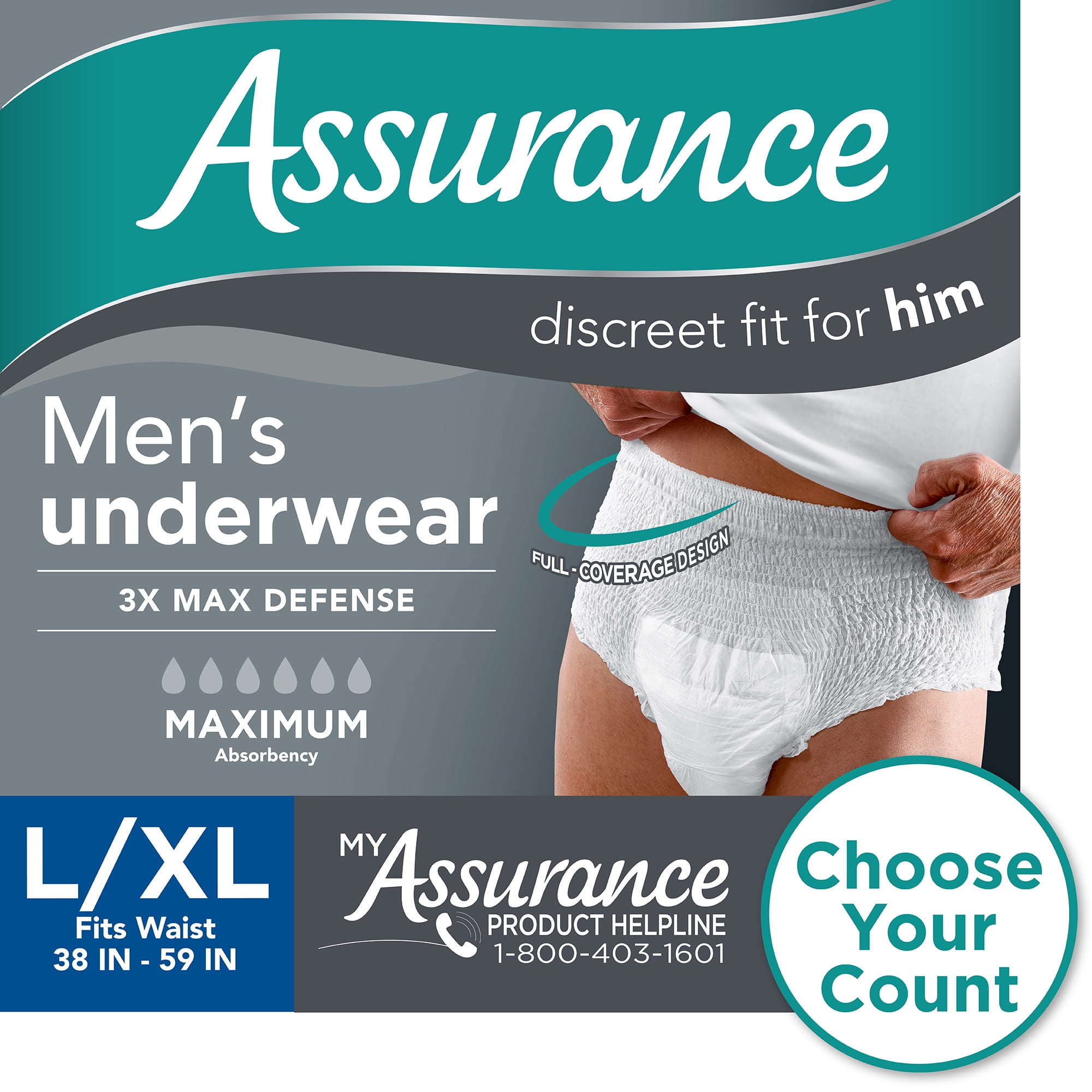 Assurance Men's Incontinence Underwear, L/XL, Maximum Absorbency (36 ...
