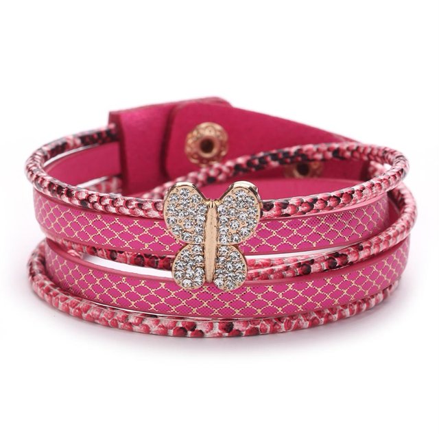Joyería de pulsera con hebilla de cuero PU con diamantes de imitación de forma hermosa y linda a la moda (rosa)