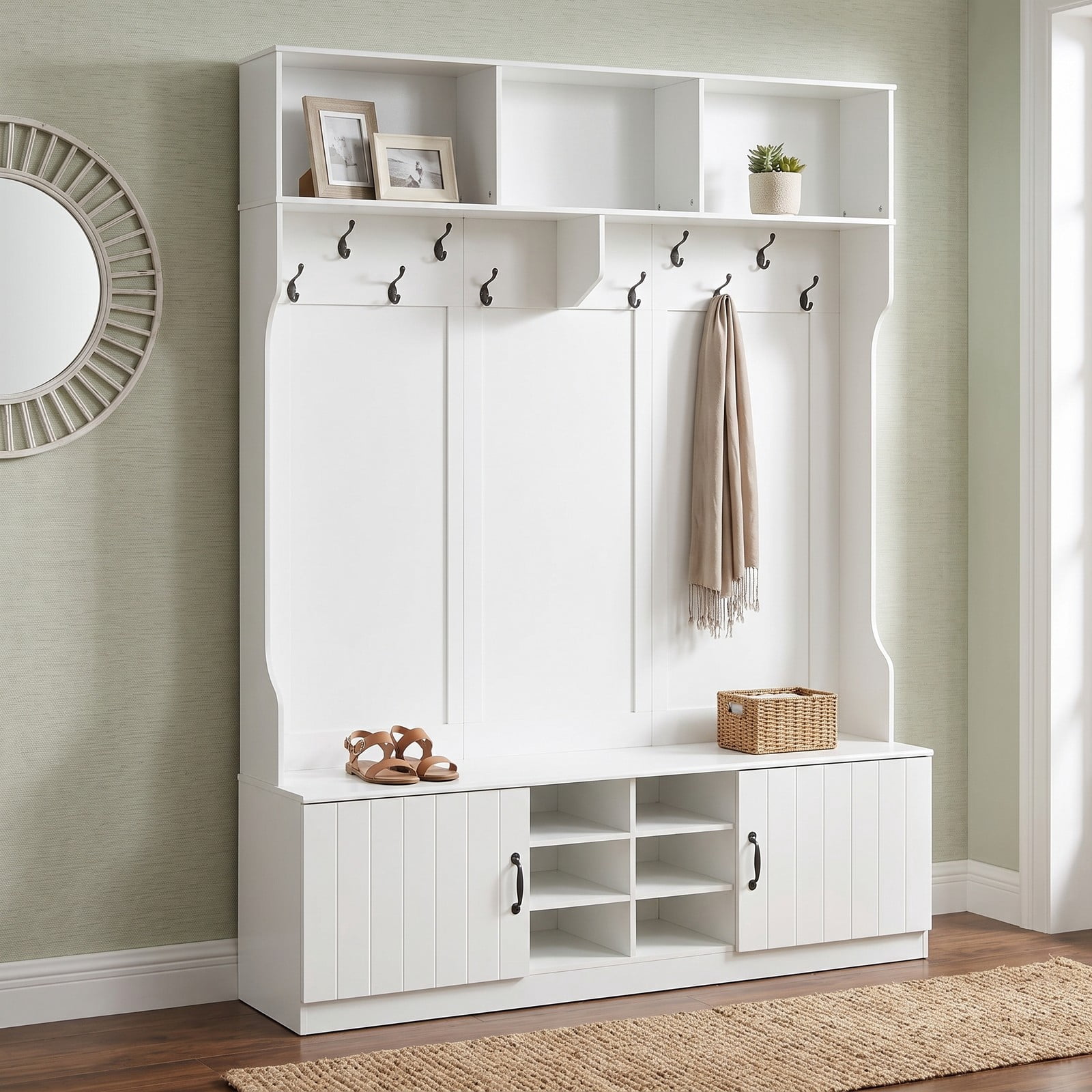 Furnibear 59 Inch Wide 6 in 1 Hall Tree with Bench Multiple Hooks and Shoe Cubby Storage for Mudroom Hallway and Bedroom, White