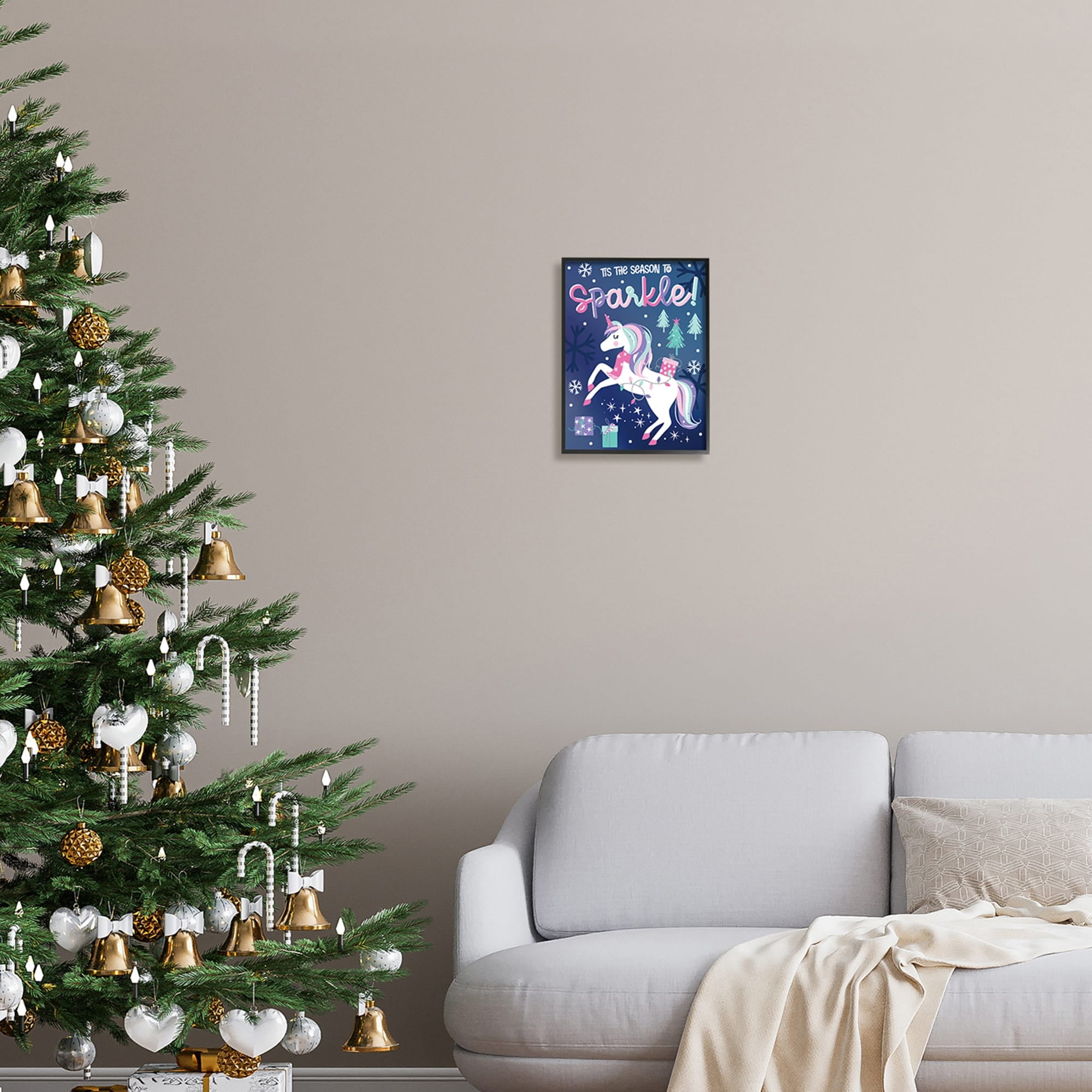 Season To Sparkle Whimsical Christmas Unicorn Snowflakes Fairy Tales & Fantasy Graphic Art Framed Art Print Wall Art