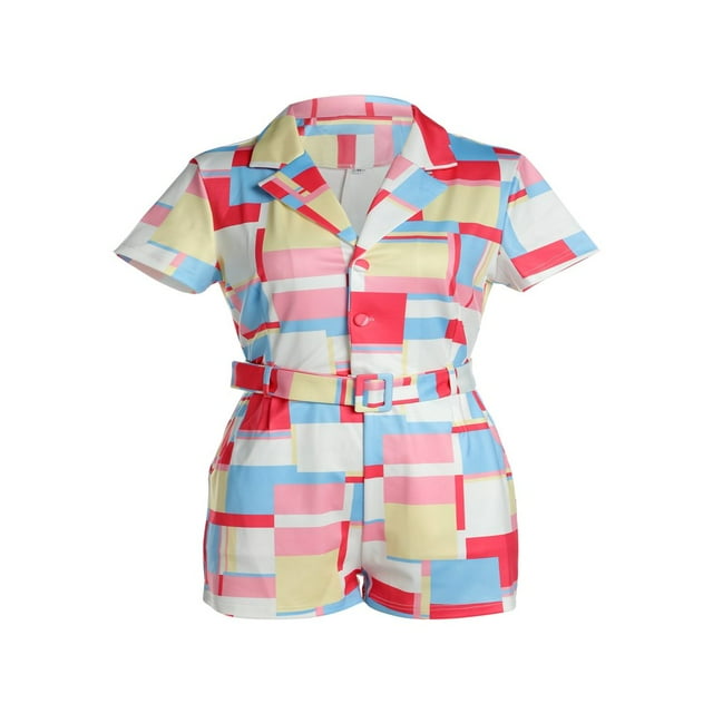 CNKOO AAOMASSR Summer Female Color Block Collar Short Sleeve Romper with Waist Belt New Style