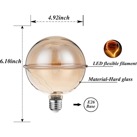 EFEMF-Large Globe Light Bulb Dimmable 40 Watt Equivalent, Unique Edison Bulbs LED 4W 2200K E26 Base Oversized Vintage Amber Glass for Decorative