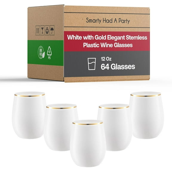 Smarty Had A Party 12 oz Wine Glasses – 32 White Stemless Plastic Wine Glasses with Gold Rim, Unbreakable Disposable Drinkware for Parties & Events