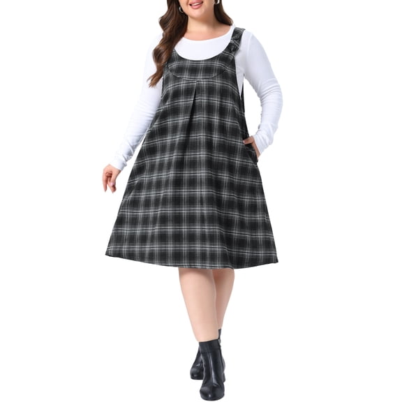 Agnes Orinda Women's Plus Size Plaid Overalls Dress Pinafore Adjustable Button Strap Front Pleat Checkered Casual Jumper Dresses with Pocket 1X Black