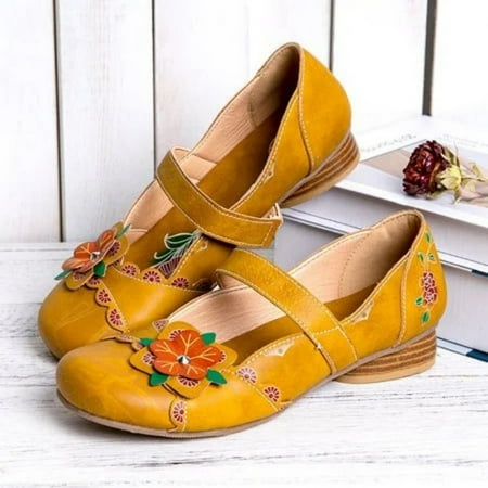 

FZM Women shoes Womens Round Heels Ethnic Style Floral Hook ＆ Loop Single Shoes Casual Shoes