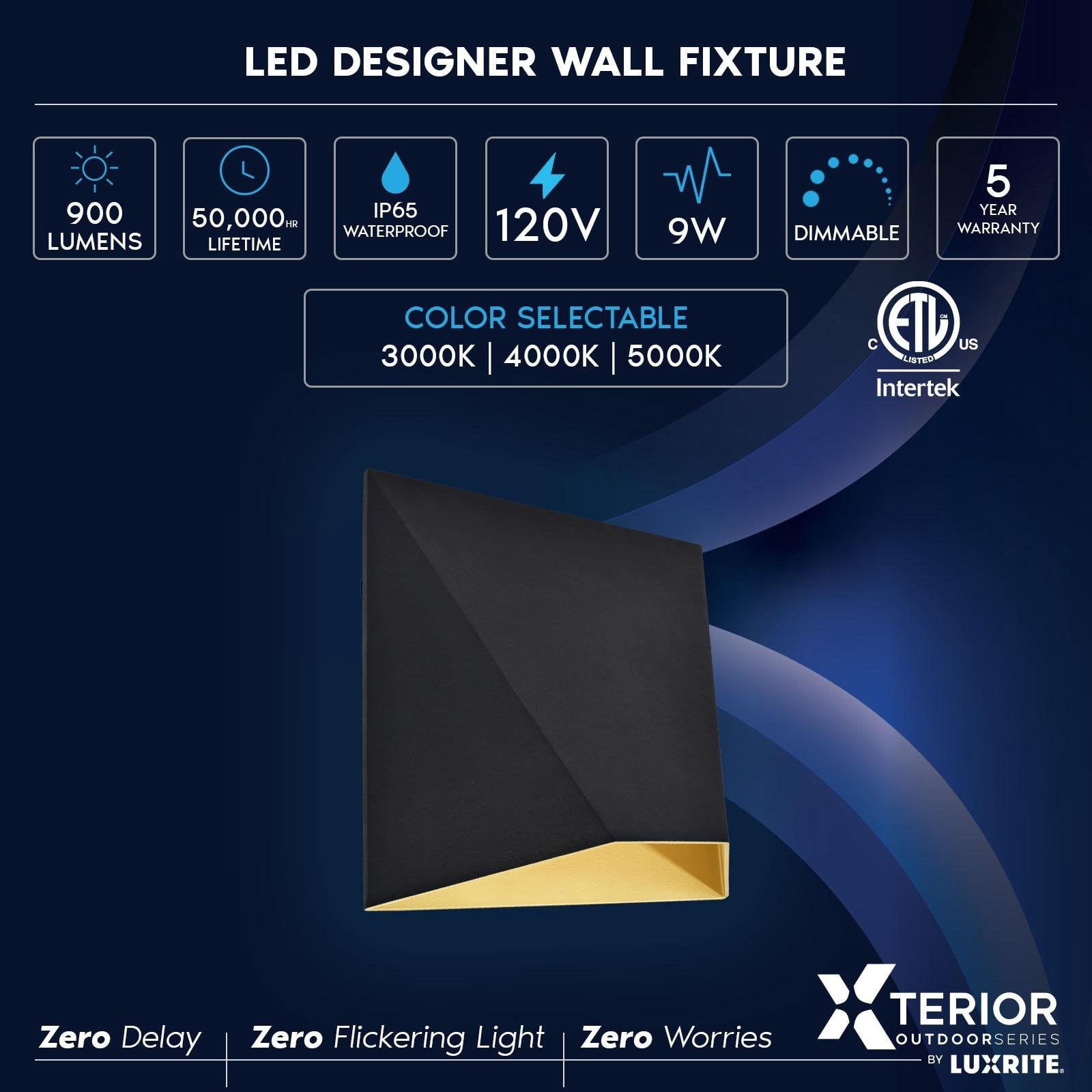 Luxrite Outdoor LED Black and Gold Wall Sconce, 9W, 3CCT 3000K-5000K, 6", Aluminum, IP65, ETL