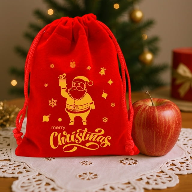 Uklsqma Christmas Candy Fruit Packaging Bag | Red Cloth Drawstring Gift Pouch | Durable Tear-Resistant Reusable Holiday Treat Bag for Christmas Eve Presents Decorations Storage Organizer