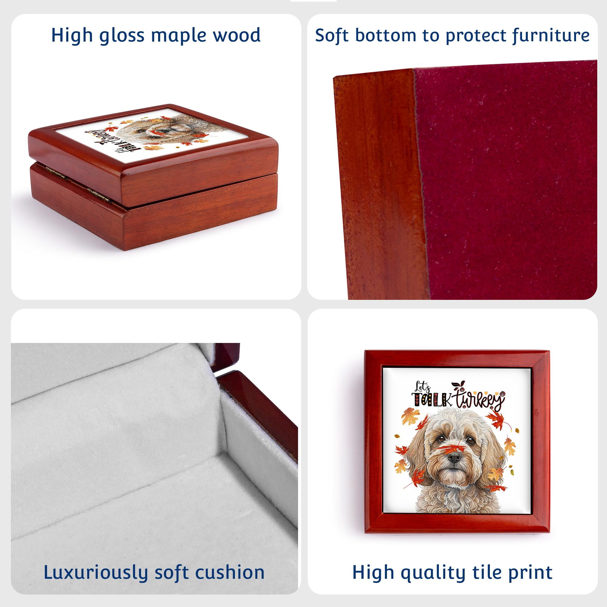 3dRose, Adorable Cockapoo Dog Talks Turkey on Thanksgiving with Fall Leaves, Jewelry Box 5.5x5.5 inch with 4 inch tile