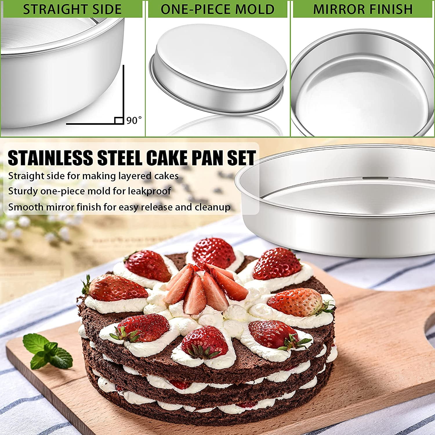 11 Inch Cake Pan Set of 3 CPDD Stainless Steel Cake Pans Round Cake Baking Pans for Wedding Birthday Layer Cake One piece Molding Healthy Durable Mirror Finish Dishwasher Safe 11